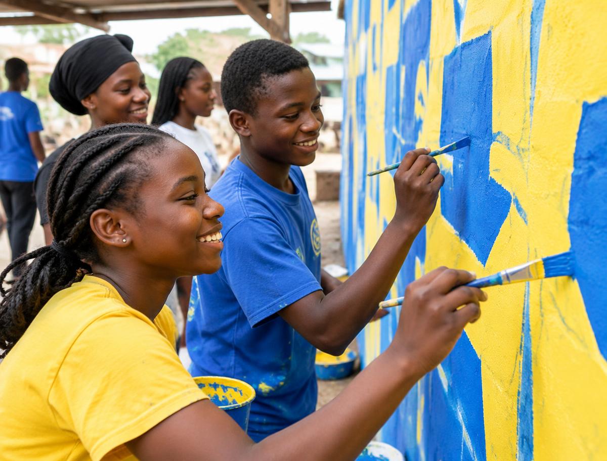 Teens painting a yellow and blue mural