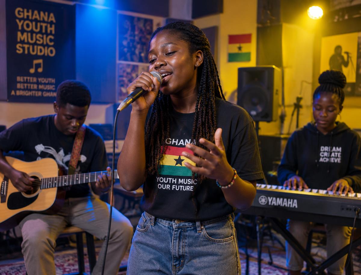 Teen singer performing with friends